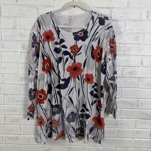 Jess & Jane Top Womens 1X Floral Tunic Red Blue 3/4 Sleeve Soft Stretch Casual